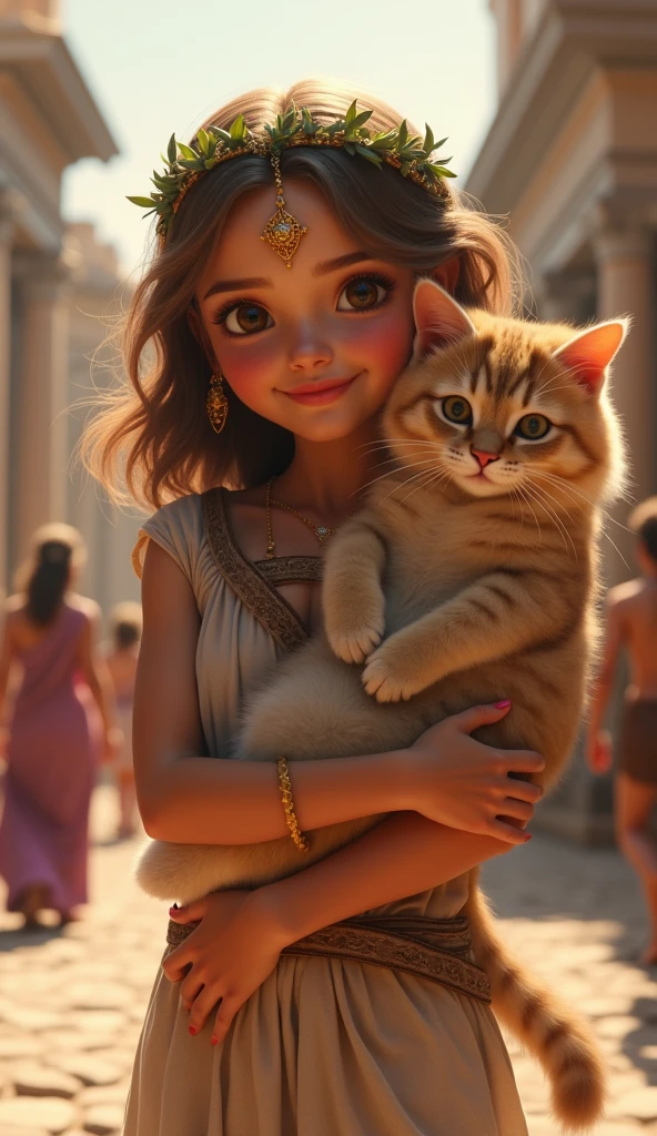 hold cat, Persian cat, BC 21 years ,Front view, Full-body, looking at viewer, Empire of Roman girl, 1 girl is 1-old, Hers name Julia,  (Light brown hair, middle hair , wince, brown eyes, beautiful lip, olive leaf tiara, gold earing and neckless, little smile), (big breasts, slender whist, wide hip) ,(wearing White an ancient Roman imperial elegant tunic:1.3), (Blue elegant Toga, fasten metal button :1.5), ((leather Sandal)), on street of Palace, in Roman, standing pose, noon, (textured skin , HI detailed skin, (foreshortening, Canon, 8k, anatomically correct, super detail, high details, highness)
