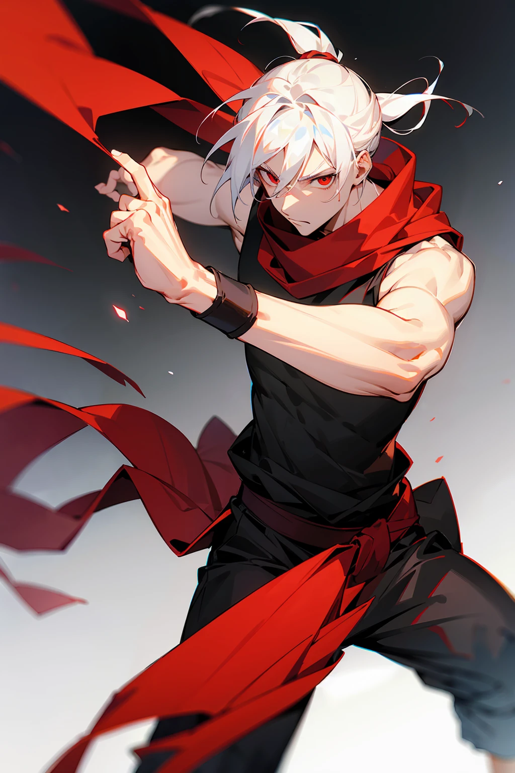 1male, Adult, Ponytail, White Hair, Black Sleeveless Shirt, Baggy Black Pants, Red Eyes, Red Scarf, Fighting Stance