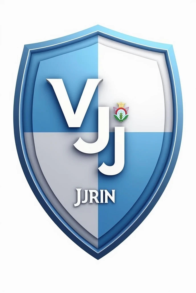 Create a 2D Argentine league style football shield in white and light blue with the initials: V and J on the shield and behind the shield, White background. and that it says Junin on the shield. with more details with 2d lines all and with black edges and some 2d elements 