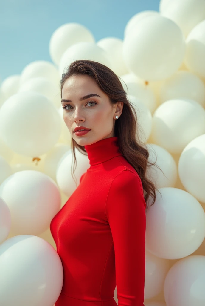 masterpiece, Best Quality, very detailed background, perfect lightingBest Quality,Fashion portrait photo of a beautiful 60s young woman in a red turtleneck sweater standing in the middle of a ton of white balloons., Taken with a Hasselblad medium format camera. gal gadot face
