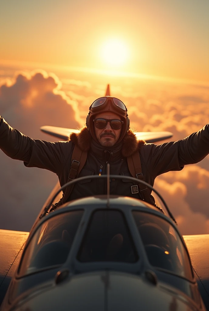 A pilot with open wings and a hat pointing to the sun