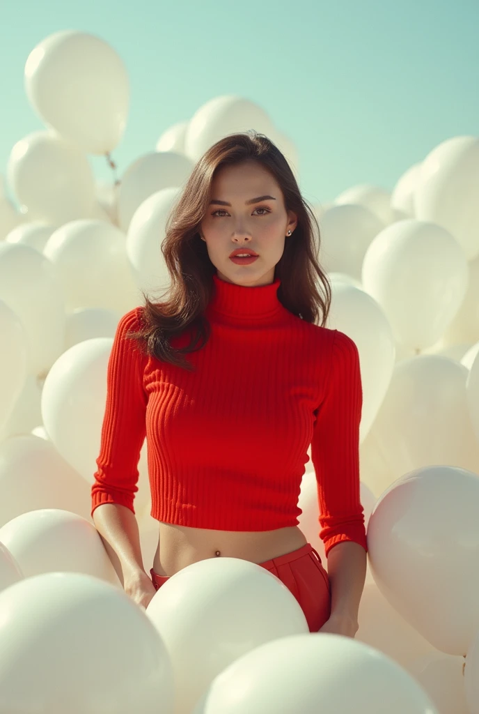 masterpiece, Best Quality, very detailed background, perfect lightingBest Quality,Fashion portrait photo of a beautiful 60s young woman in a red turtleneck sweater standing in the middle of a ton of white balloons., Taken with a Hasselblad medium format camera. gal gadot face