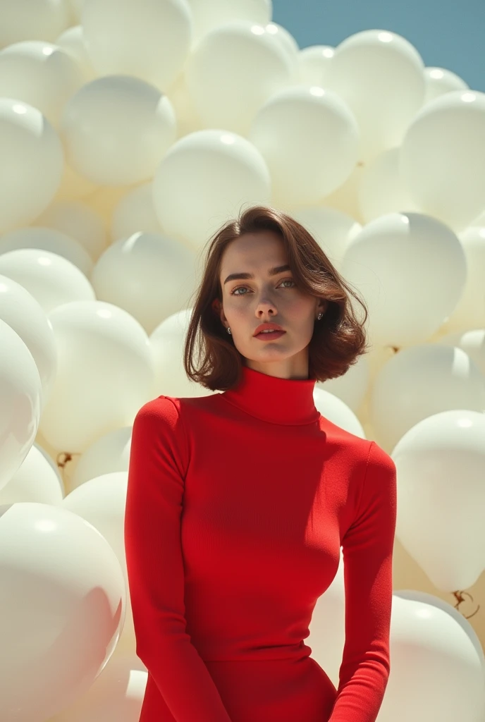 masterpiece, Best Quality, very detailed background, perfect lightingBest Quality,Fashion portrait photo of a beautiful 60s young woman in a red turtleneck sweater standing in the middle of a ton of white balloons., Taken with a Hasselblad medium format camera. gal gadot face