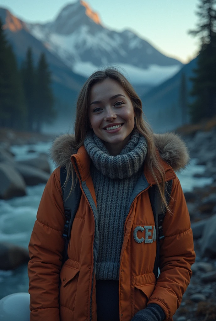 photorealistic, Best Quality, hyper detailed, beautiful woman, autophoto, Upper part of the body, Alone, wearing sweater, outdoor, (evening), mountains, real life nature, stars, officer, (happy, happy), sleeping bag, gloves, sweater, white work helmet, ON THE JACKET IT SAYS CEM , flashlight, forest, rocks, river, wood, smoke, fog, clear sky, analog style, looking at the viewer, skin texture, film grain, close up, ultra high resolution, best shadow, raw, InstagramLUT