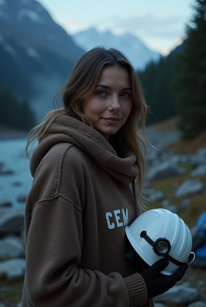 photorealistic, Best Quality, hyper detailed, beautiful woman, autophoto, Upper part of the body, Alone, wearing sweater, outdoor, (evening), mountains, real life nature, stars, officer, (happy, happy), sleeping bag, gloves, sweater, white work helmet, ON THE JACKET IT SAYS CEM , flashlight, forest, rocks, river, wood, smoke, fog, clear sky, analog style, looking at the viewer, skin texture, film grain, close up, ultra high resolution, best shadow, raw, InstagramLUT