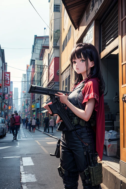 8k,photo realist、textura de pele realista、surrealism、Japanese women in the U.S. Military、tatoo、cape、Tactical Pants、short sleeved shirt、Beauthfull、American urban landscape、old building、automatic shotgun、heavy equipment、Covered in scars、It&#39;s dirty、muscle、The background is out of focus、While avoiding shots aimed at the vehicle、Desperate look、dramatic composition、Action、fierce battle、wait、wings