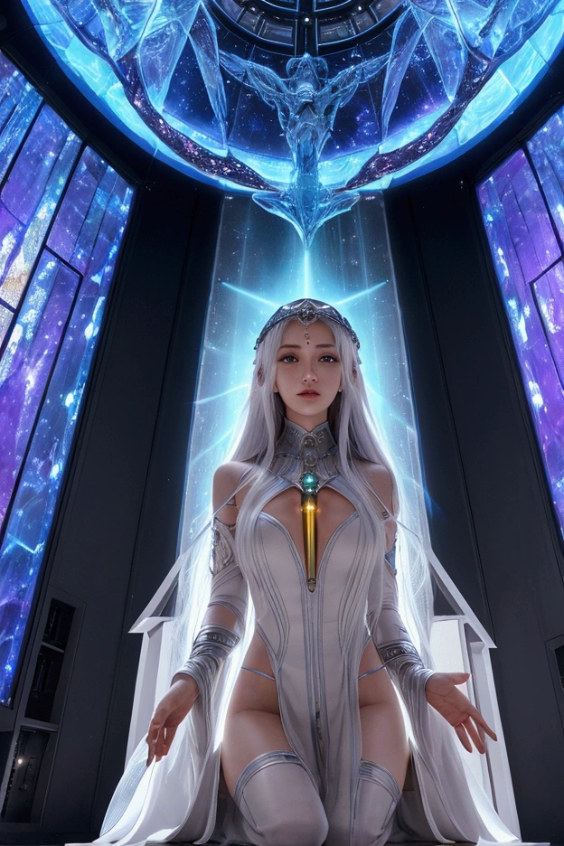 extremely beautiful subtle inspiring sacred celestial divine spirit cosy magic crystal iridiscent fantasy out of space futuristic lounge in a sacred futuristic spaceship. Set against a beautiful iridiscent god's divine light cascades, connected to the inconditional love, pure love, high light of god in the universe, fantasy extremely beautiful subtle spiritual cosmic light background rich in intricate details, ultra high definition, vivid colors