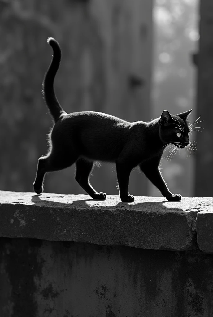 Create a hyper-realistic black and white cat that is walking along the edge of a wall and is very cute