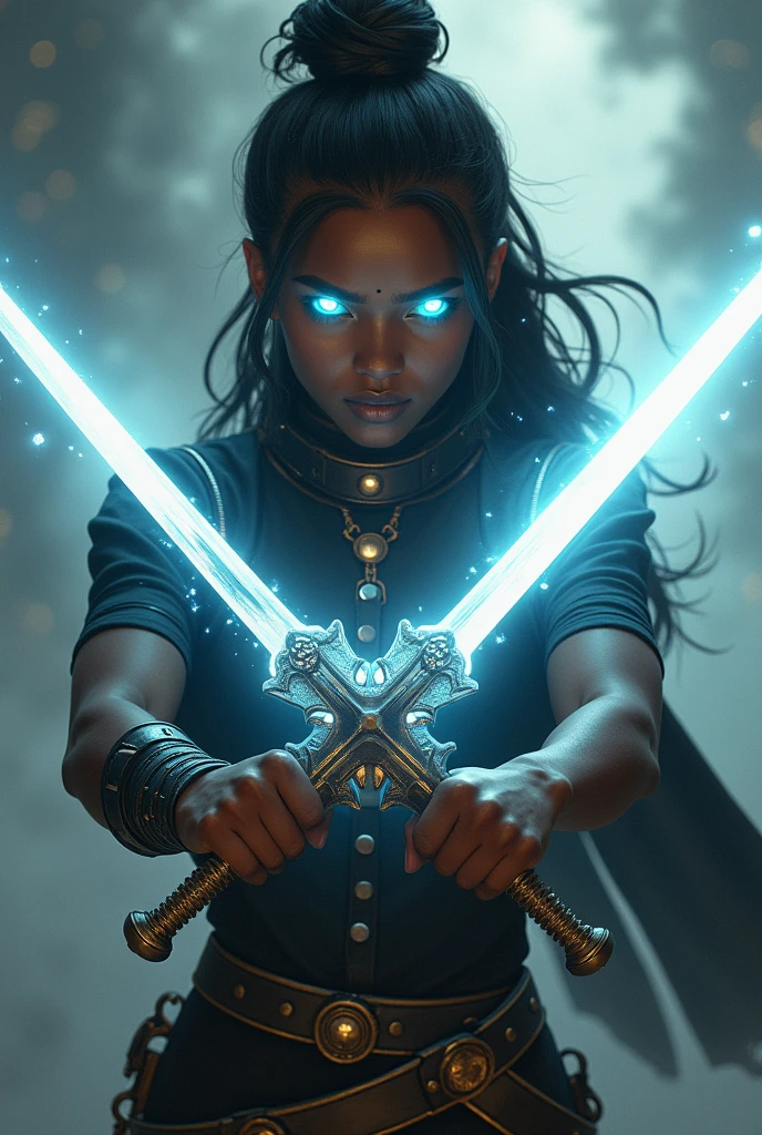 African American  girl with swords and white eyes