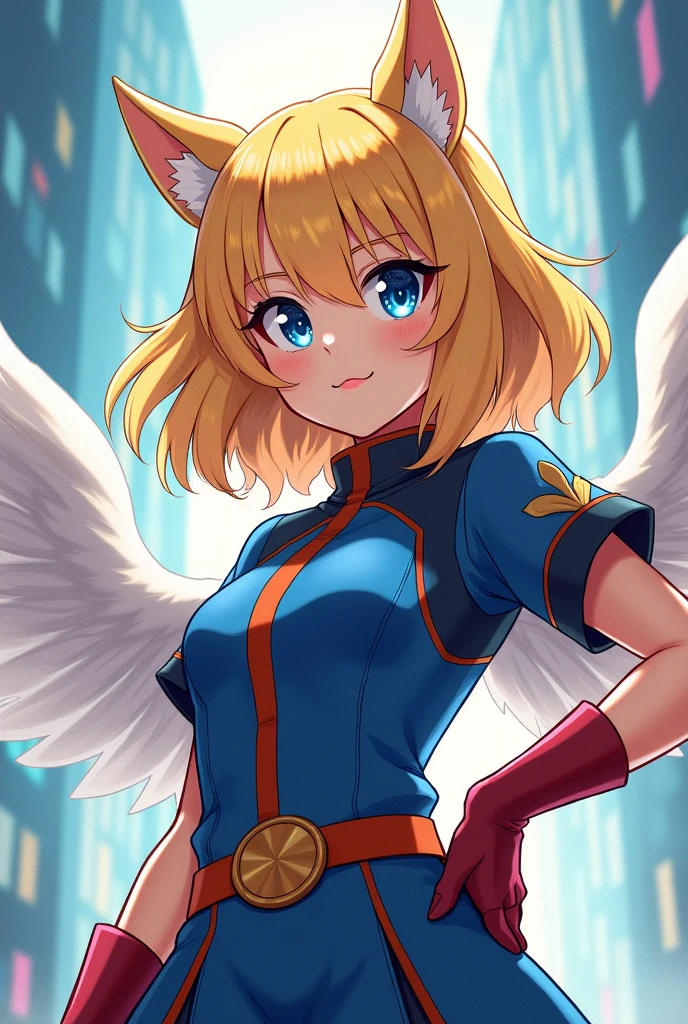 A with a blonde mestiza, blue-eyed anime animation, wearing the Boku no Hero uniform and the power of Ada, and who has wings.