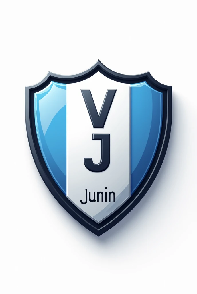 Create a 2D Argentine league style football shield in white and light blue with the initials: V and J on the shield and behind the shield, White background. and that it says Junin on the shield. with more details with 2d lines all and with black edges and some 2d elements 