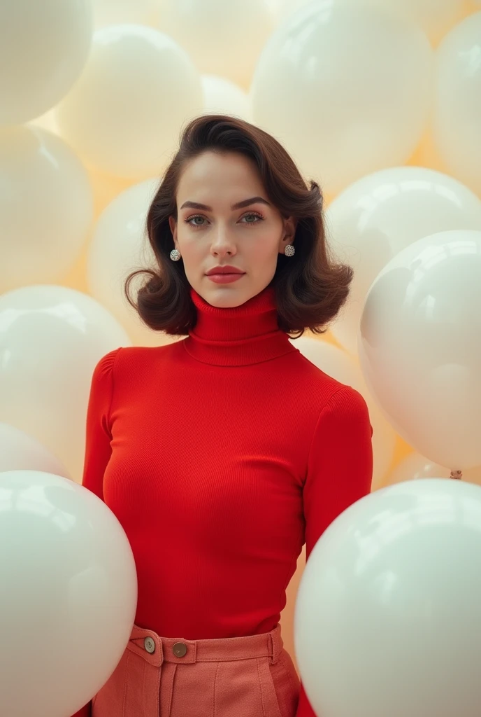 masterpiece, Best Quality, very detailed background, perfect lightingBest Quality,Fashion portrait photo of a beautiful 60s young woman in a red turtleneck sweater standing in the middle of a ton of white balloons., Taken with a Hasselblad medium format camera. gal gadot face