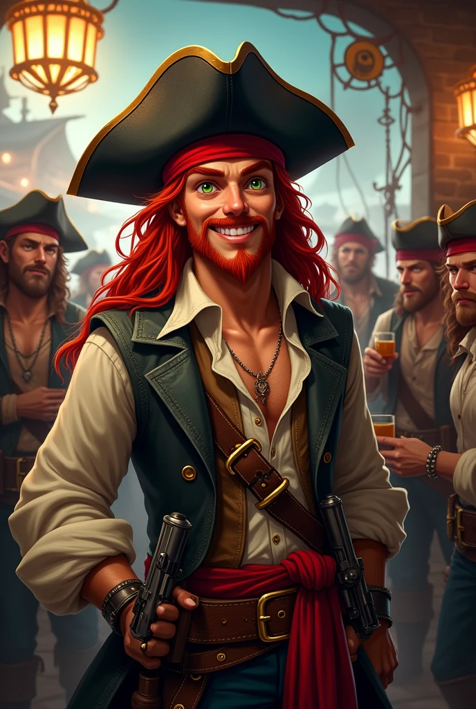 Crea un immagine di un personaggio intero di razza umana per d&d. A cheerful young pirate with long red hair with a goatee and red mustache and dark green eyes. He wears a black leather hat, porta un trench coat piratesco con sotto una camicia leggera e un gilet rovinato. In life he wears a red band, two sabres and two pistols. He is drinking room and partying with other sailors and partying in a pub with a pirate port in the background