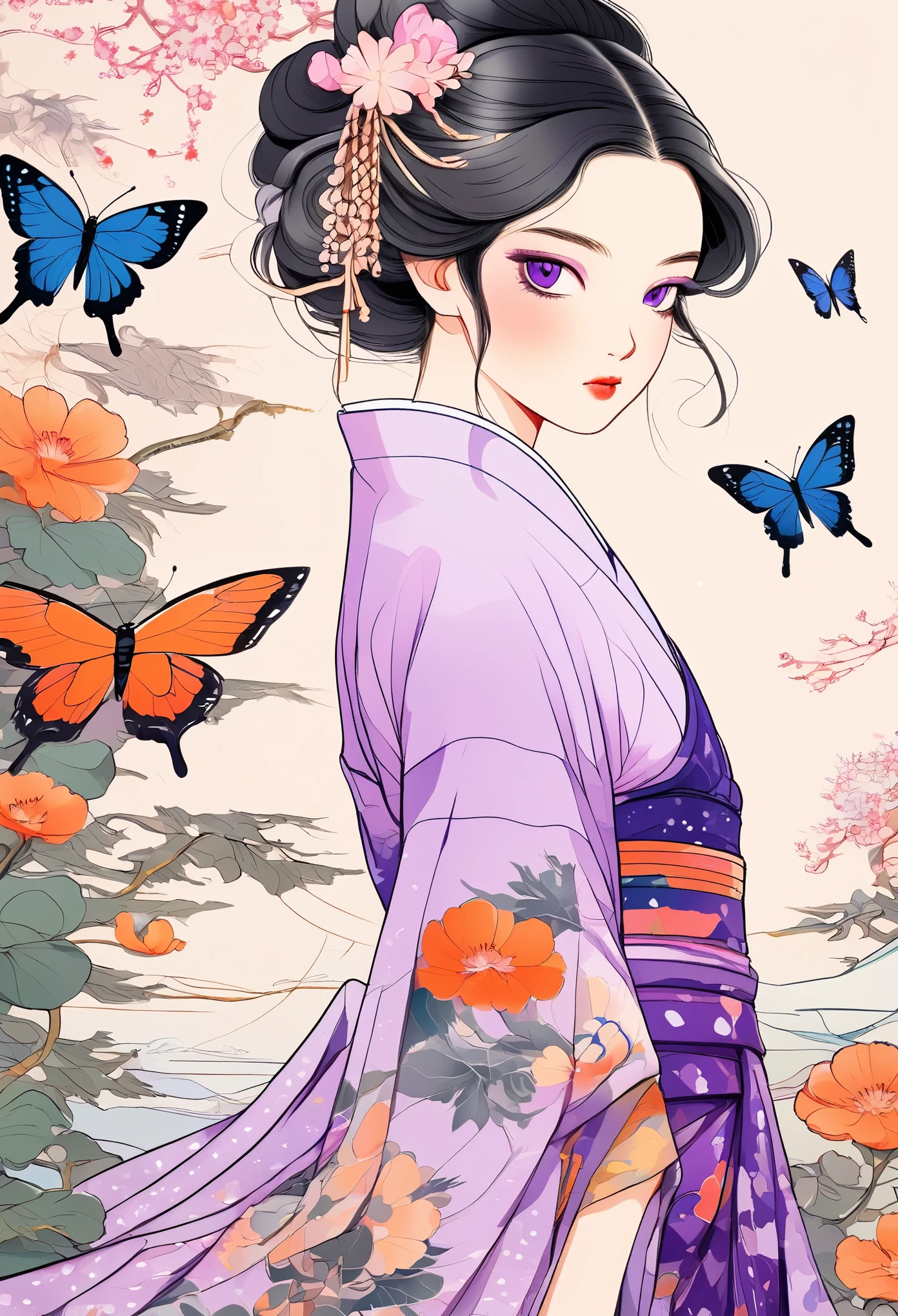 A mesmerizing surreal illustration of a young japanese woman resembling Shinobu Kouchou. She has black hair, purple eyes, a butterfly hair ornament, and wears a vibrant pastel colored maxi dress with floral patterns. She has large breasts and pronounced cleavage. Freckles dot her smooth, warm complexion, and bold, colorful tattoos cover her arms and legs. The tattoos feature traditional Japanese motifs like flowers and mythical creatures, rendered with meticulous detail in a pastel color palette. The background is a vintage floral-patterned wallpaper that complements the artwork's colors. The line work is precise, with delicate shading that gives the illustration a 3D quality. The artwork fuses modern illustration techniques with traditional Japanese aesthetics, resulting in a visually striking portrait,