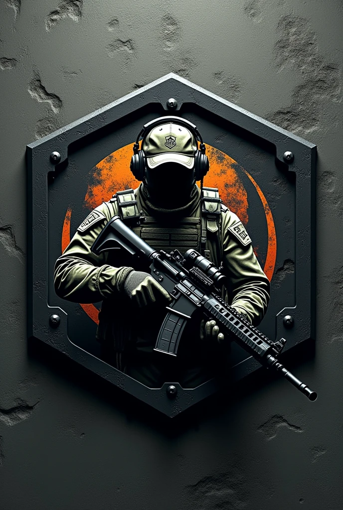Create a hexagonal rubberized coat of arms cliché with the name Lukinha airsoft and an assault operator carrying an m4 rifle wearing a cap and headset in the center