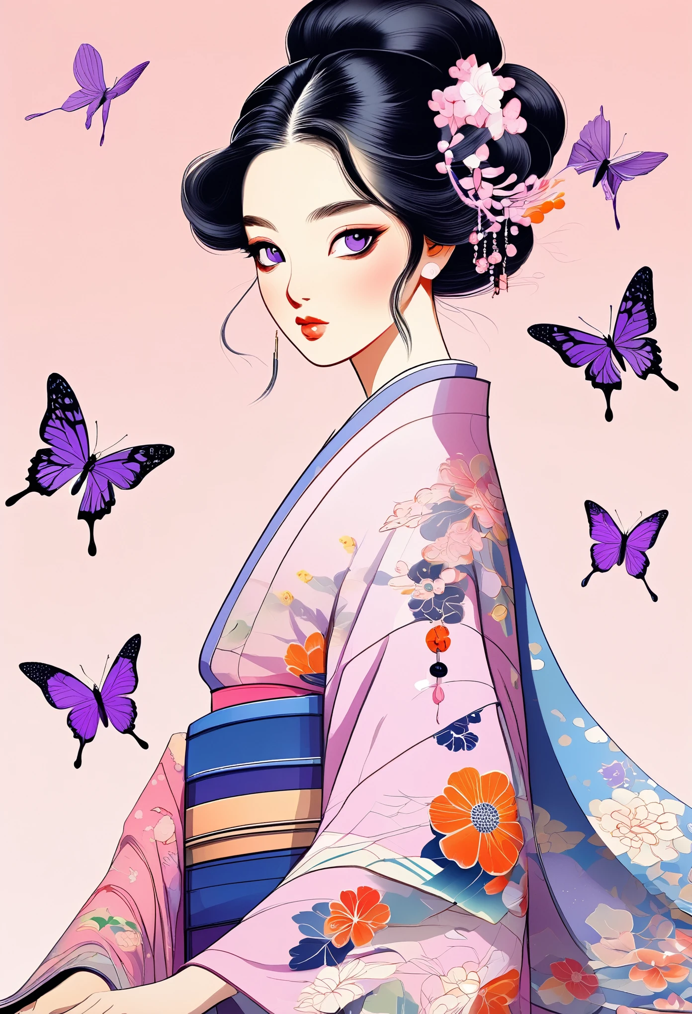 A mesmerizing surreal illustration of a young japanese woman resembling Shinobu Kouchou. She has black hair, purple eyes, a butterfly hair ornament, and wears a vibrant pastel colored outfit adorned with intricate floral patterns. Freckles dot her smooth, warm complexion, and bold, colorful tattoos cover her arms and legs. The tattoos feature traditional Japanese motifs like flowers and mythical creatures, rendered with meticulous detail in a pastel color palette. The background is a vintage floral-patterned wallpaper that complements the artwork's colors. The line work is precise, with delicate shading that gives the illustration a 3D quality. The artwork fuses modern illustration techniques with traditional Japanese aesthetics, resulting in a visually striking, portrait,
