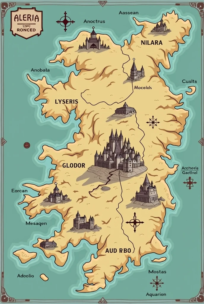 Cree une carte géographie avec un pays Aeloria, avec 5 ville juste avec des délimitationpas de relief, Lyseris, Eloran, Noctara, Glador, Aquarion, Noctara doit etre plus en retrait que les autres car il est dangereux, Eloran la capital con forma de cabeza de gato.