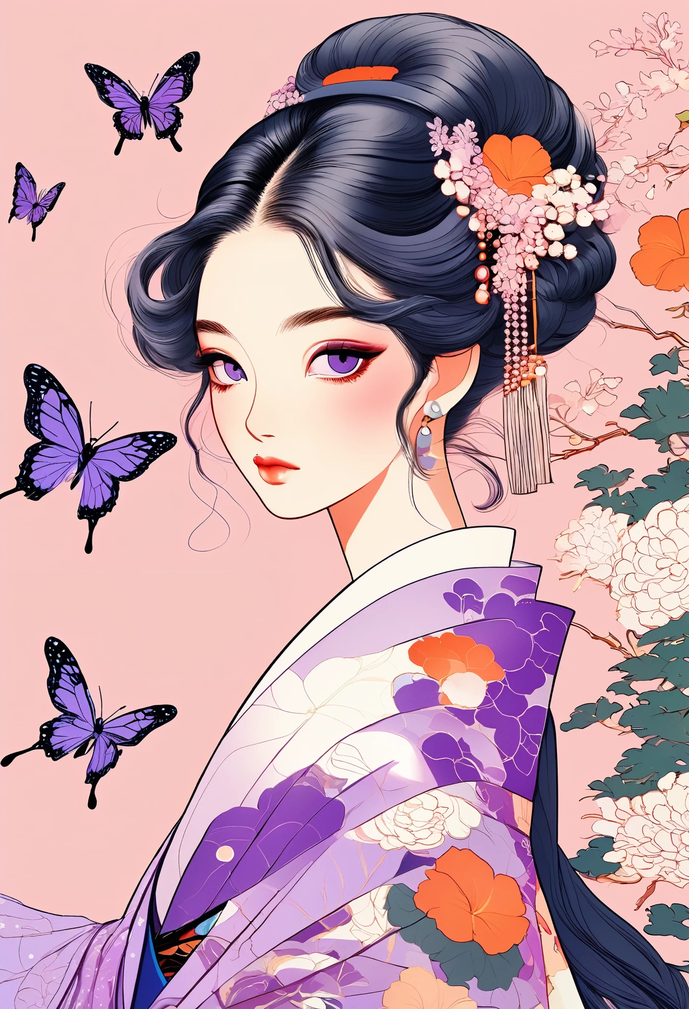 A mesmerizing surreal illustration of a young japanese woman resembling Shinobu Kouchou. She has black hair, purple eyes, a butterfly hair ornament, and wears a vibrant pastel colored outfit adorned with intricate floral patterns. Freckles dot her smooth, warm complexion, and bold, colorful tattoos cover her arms and legs. The tattoos feature traditional Japanese motifs like flowers and mythical creatures, rendered with meticulous detail in a pastel color palette. The background is a vintage floral-patterned wallpaper that complements the artwork's colors. The line work is precise, with delicate shading that gives the illustration a 3D quality. The artwork fuses modern illustration techniques with traditional Japanese aesthetics, resulting in a visually striking, portrait,
