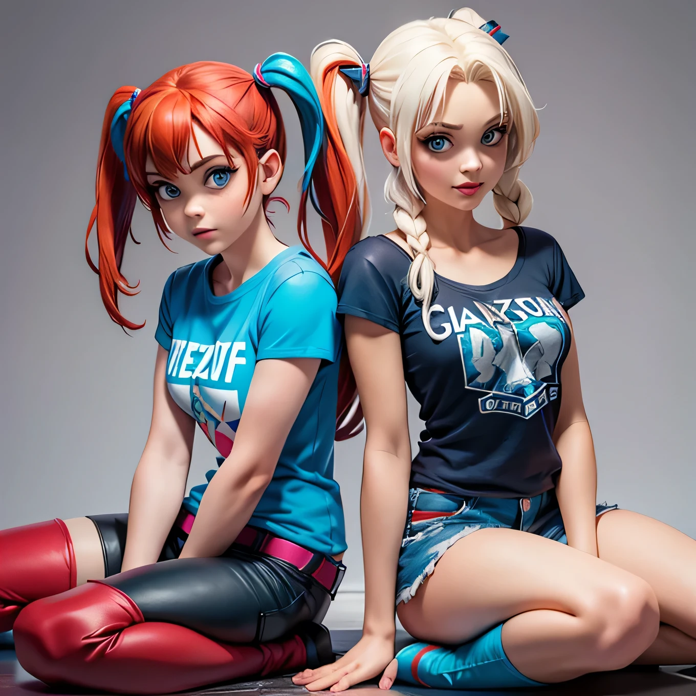  frozen's Elsie, in def-Leppard t-shirt, and Harley Quinn in overknees