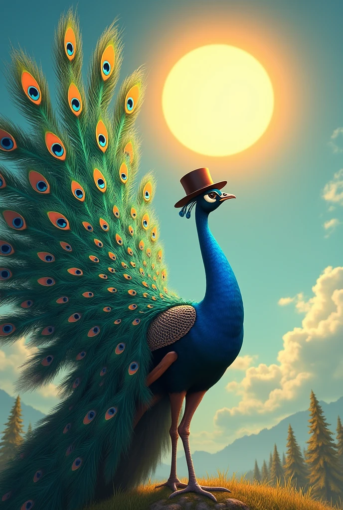 A peacock with open wings and hat and pointing to the sun
