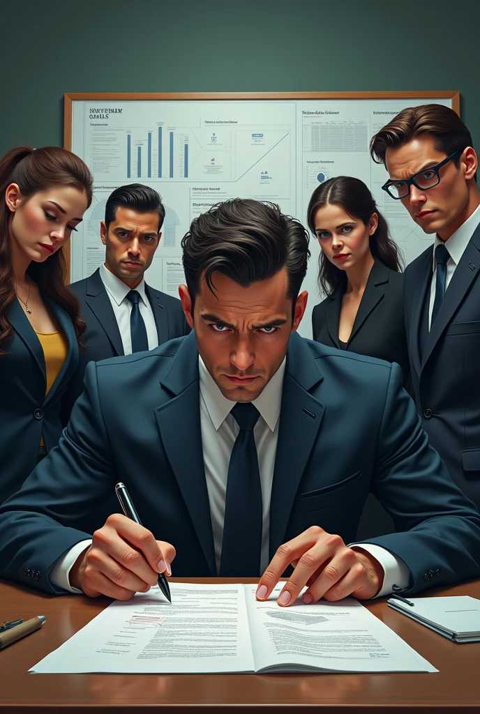 An austere and precisely organized office or work environment. on a desk, a Capricorn is sitting with a rigid and serious posture. The person is analyzing a report or plan with a critical eye, perhaps with a pen in hand to make notes or severe corrections. The facial expression is cold and impassive, showing discontent or disapproval. No fundo, a whiteboard or chalkboard can display clearly defined charts and goals. The colleagues around you seem uncomfortable and tense, showing signs of nervousness or discomfort, highlighting how Capricorn is demanding perfection and control. The atmosphere is one of rigor and discipline, reflecting the person's critical and insensitive nature.