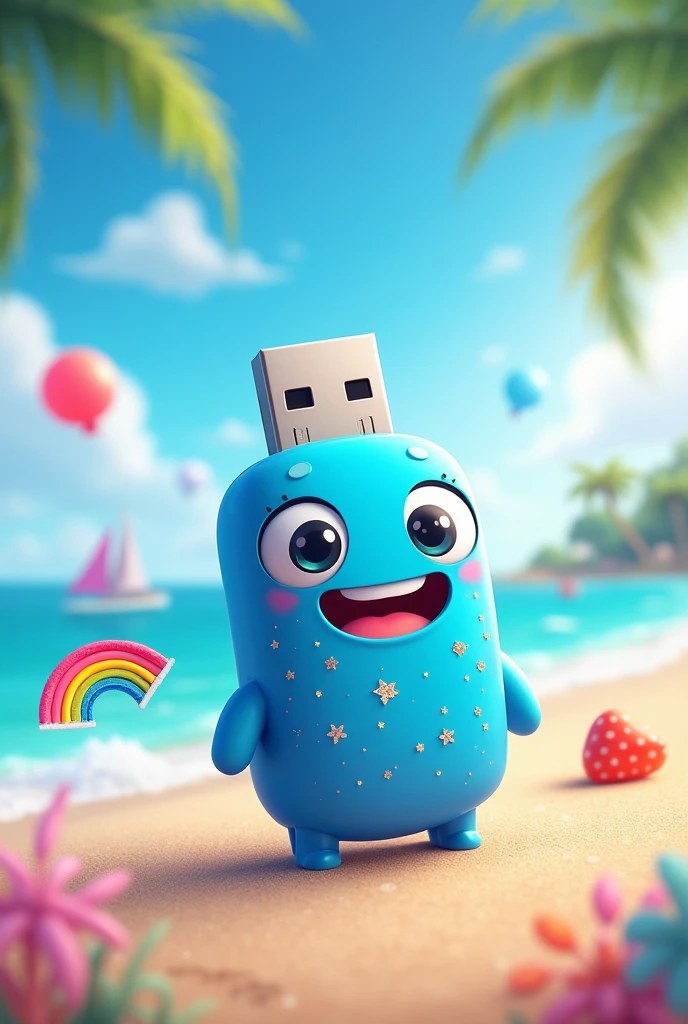 USB with cute face in blue with rainbow, glitter and lively on the beach