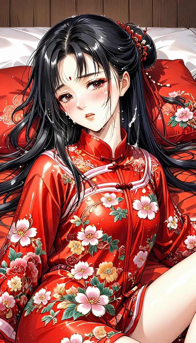 One woman　She is a beautiful 1 Chinese kung fu princess with long black hair.　Gorgeous embroidery, Ultra glossy, She is wearing shiny red long sleeve floral pajamas....　After being subjected to intense sexual acts for the sake of procreation, she is laid down on a red futon and sleeps, exhausted.　She spread her legs wide and cum spilled out of her hairy pussy.　aftersex she blushes and cries