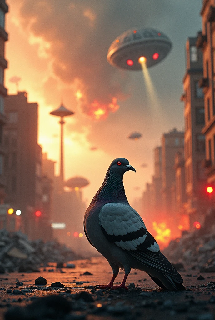 Pigeon in a city while the world is on fire and aliens destroy the earth with super strong lasers, and with atomic bombs, space fire, and robotic grills with laser eyes
