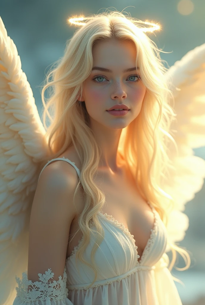 Female angel, very long blonde hair, blue eyes, pale skin, rosy cheeks, ethereal, angelic, extremely beautiful 