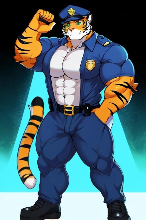 tigre, green eyes, muscular, with police cap, with big pecs, with a big ass