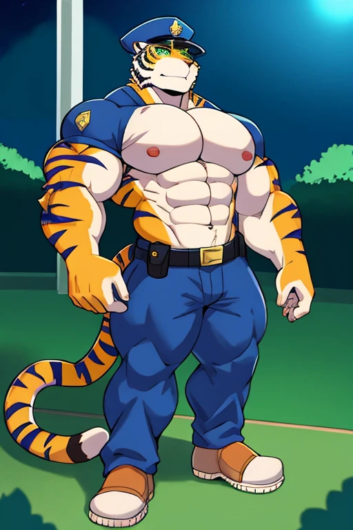 tigre, green eyes, muscular, with police cap, with big pecs, with a big ass