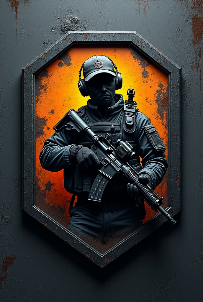 Create a hexagonal rubberized coat of arms cliché with the name Lukinha airsoft and an assault operator carrying an m4 rifle wearing a cap and headset in the center