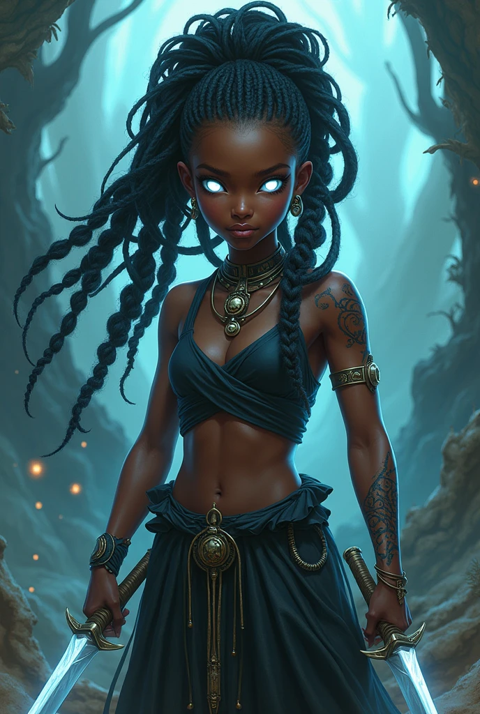 African American age girl with swords and white eyes and braids