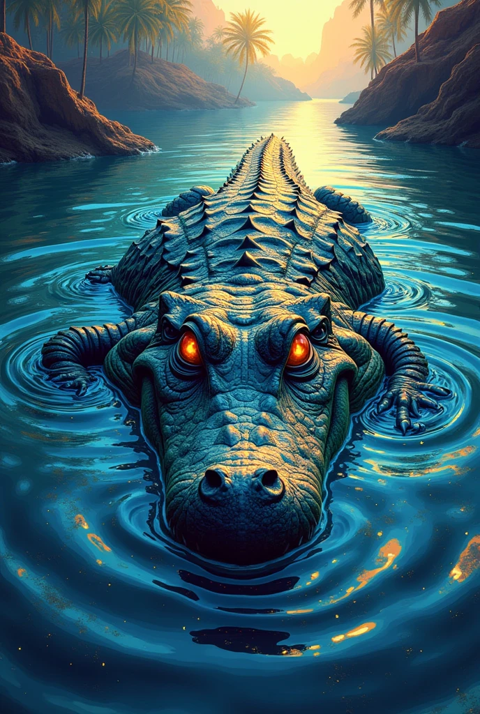 create illustrations of a crocodile being seen head-on in the nile. only its eyes and the top of its head can be seen, as its mouth is underwater. From behind you can see the rest of its body circling in the water. the illustration style should be psychedelic