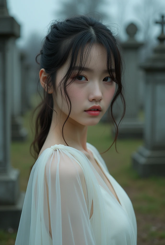 A close-up of an girl in a white dress posing for a photo,soft portrait 8k, model, Portrait of Sophie Mudd, hermosa chica model, extremely beautiful face, beautiful detailed body and face, beautiful face, beautiful delicate face,beautiful delicate face in a cemetery