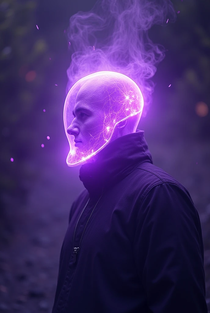 Purple lights forming a light protection on the head that looks like a half helmet made of purple light