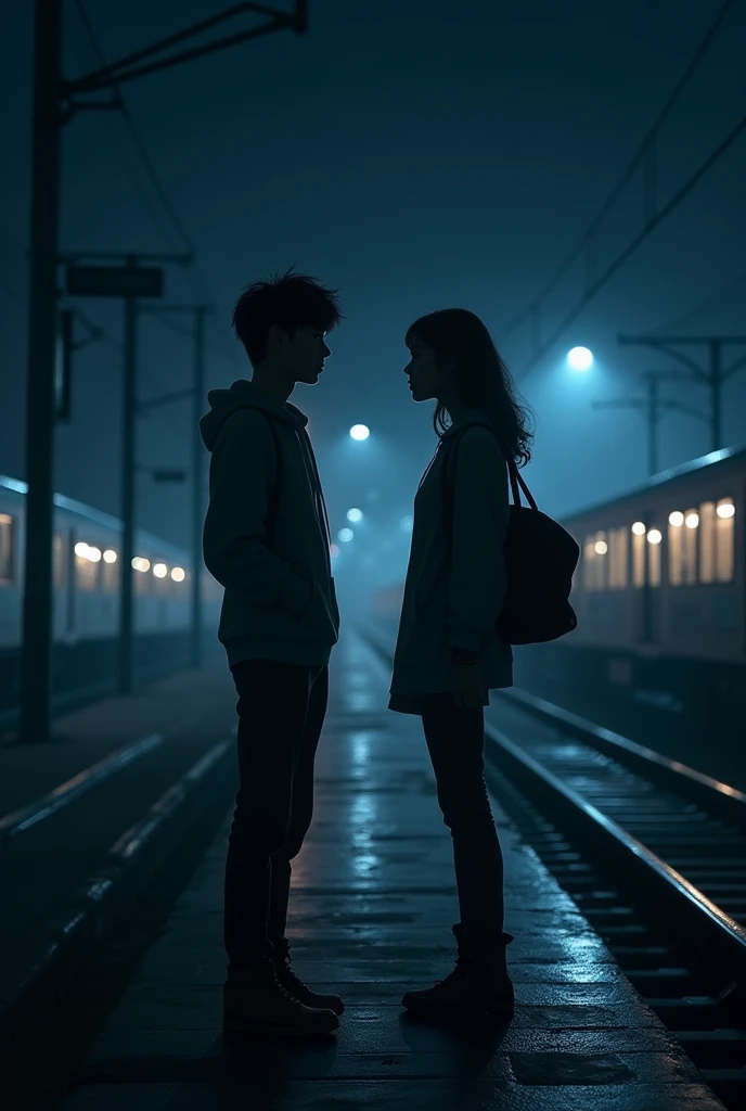 Two friends stand together on the railway platform at night