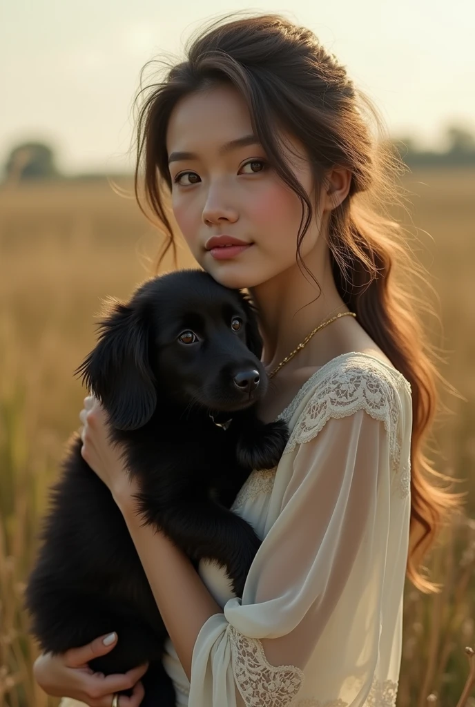 A beautiful woman with a very small black dog in an open space