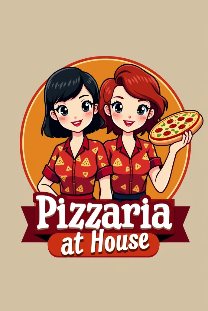a logo with the name PIZZARIA AT HOUSE and a woman, short hair, smooth ass, blackw, and black eyes with a red blouse and pizza print and another woman, slim, short hair, red and wavy, with red blouse with pizza print, holding up a pizza