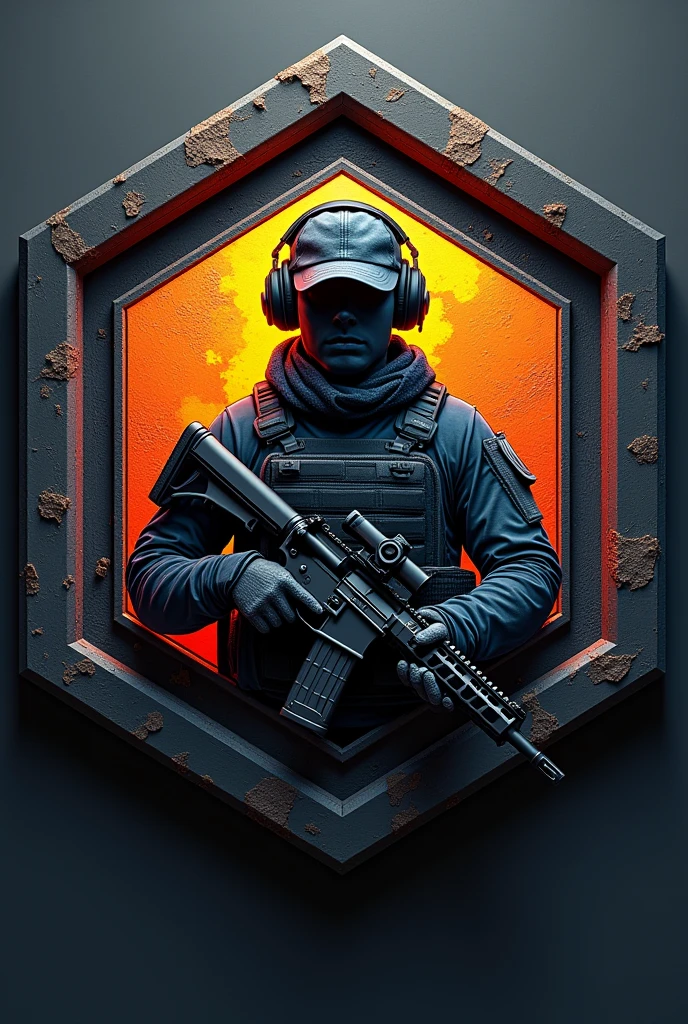 Create a hexagonal rubberized coat of arms cliché with the name Lukinha airsoft and an assault operator carrying an m4 rifle wearing a cap and headset in the center