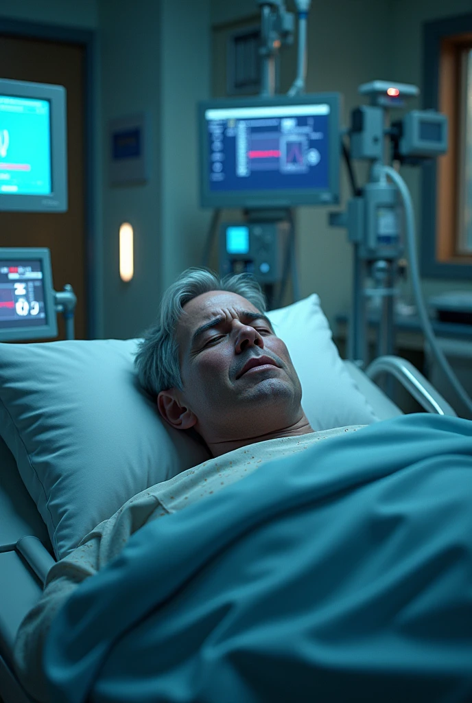 a modern hospital, with a patient in bed, monitors and flashing lights, showing his face with an expression of anguish