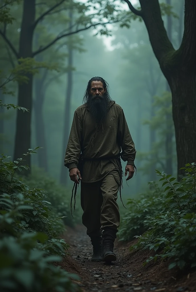 A man lost in the forest. A man with a long beard and a disgrace. His body was covered in filth.