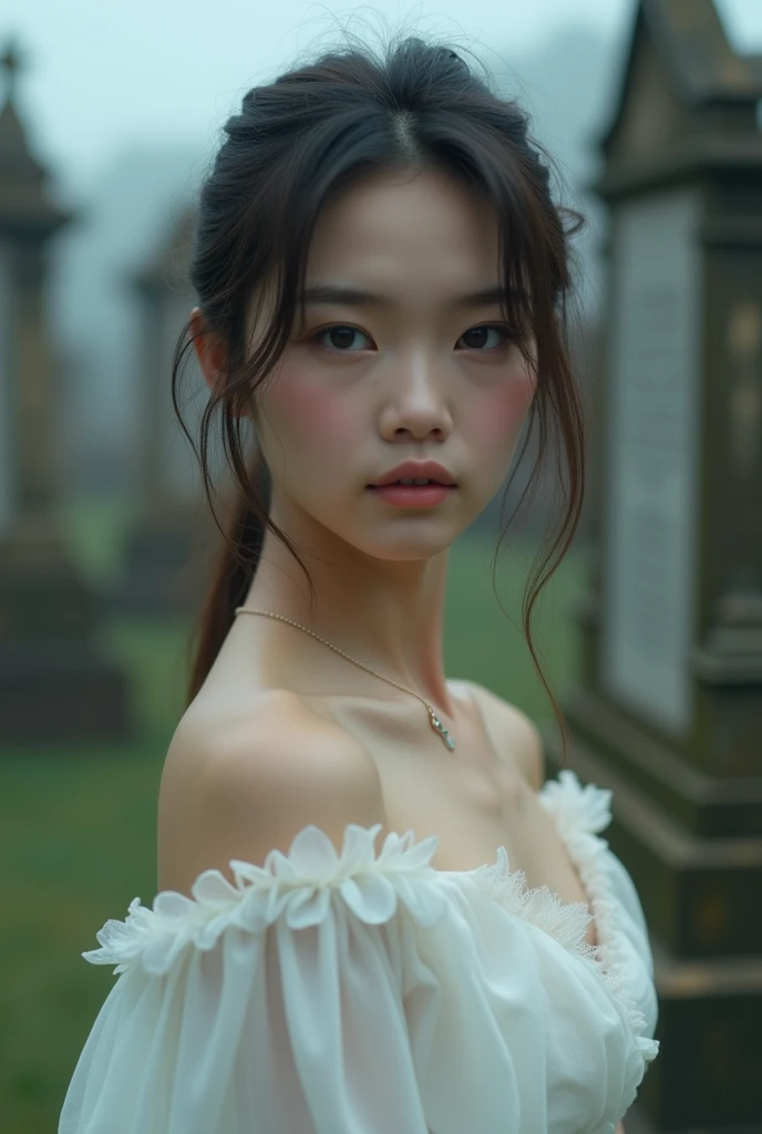 A close-up of an  girl in a white dress posing for a photo,soft portrait 8k, model, Portrait of Sophie Mudd, hermosa chica model, extremely beautiful face, beautiful detailed body and face, beautiful face, beautiful delicate face,beautiful delicate face in a cemetery