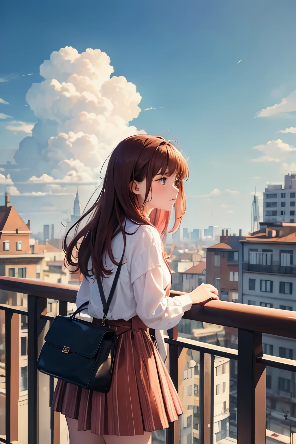 a splendiferous and melancholic depiction shoot from front of a girl leaning on the balcony . She's got short reddish-brown hair, two pink flushed on her chicks. She is wearing white shirt with long sleeves with reddish-brown stripes. She is upset because there is a heavy rain above her. There is also a cloud which is literally crying. The background is that of city side. Watercolor style.