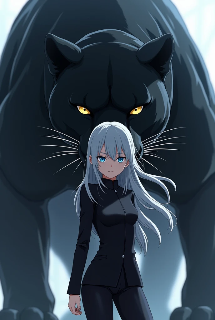 Anime girl with long gray hair and blue eyes in black suit at age 17 with blurry background standing and looking from a distance at the eyes of a huge and scary black panther