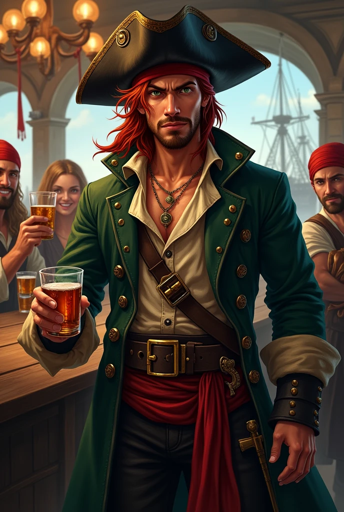 Crea un immagine di un personaggio intero di razza umana per d&d. A young pirate with long red hair with a goatee and red mustache and dark green eyes. He wears a black leather hat, porta un trench coat piratesco con sotto una camicia leggera e un gilet rovinato. In life he wears a red band, two sabres and two pistols. He is drinking room and partying with other sailors and partying in a pub with a pirate port in the background