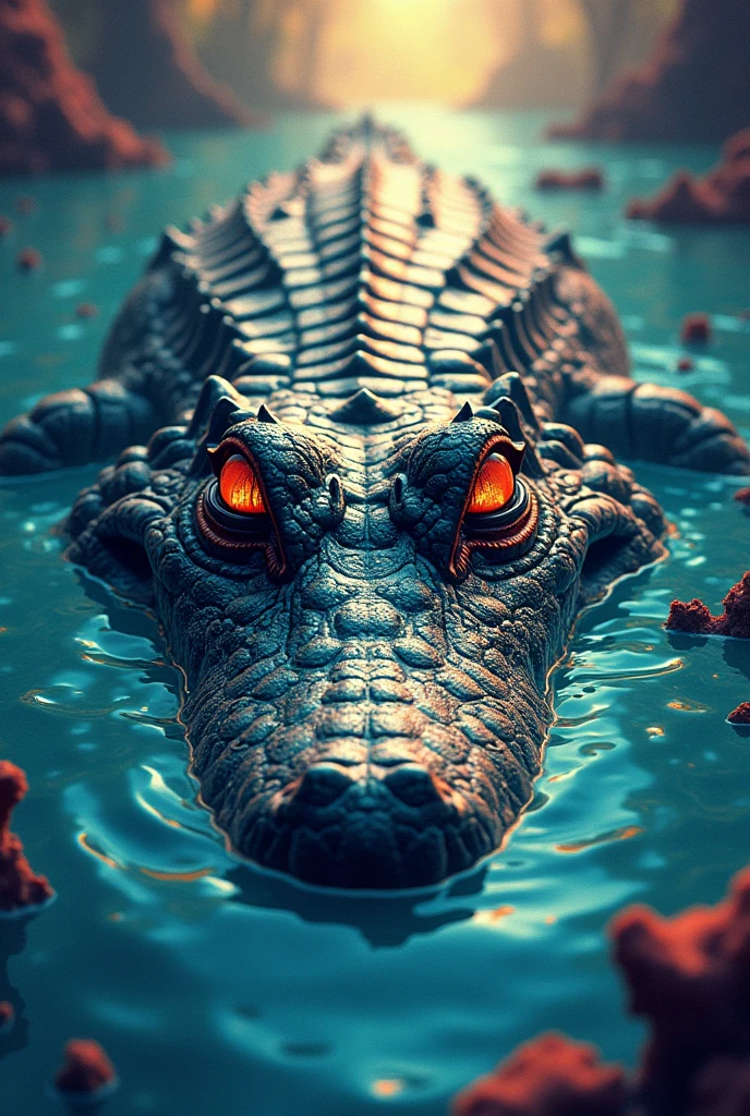 create illustrations of a crocodile being seen head-on in the nile. only its eyes and the top of its head can be seen, as its mouth is underwater. From behind you can see the rest of its body circling in the water. the illustration style should be psychedelic