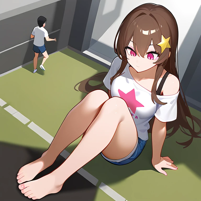 in the room,A giantess sitting on the ground,High Angle,Denim shorts,There are bangs between the eyes,White off-the-shoulder T-shirt,Long hair,Brown hair,Anatomically correct, Five-pointed star on hair,Perfect feet,barefoot,Pink Eyes,Giantess tramples villain,There is a little man under my feet,There are many little people running on the ground,