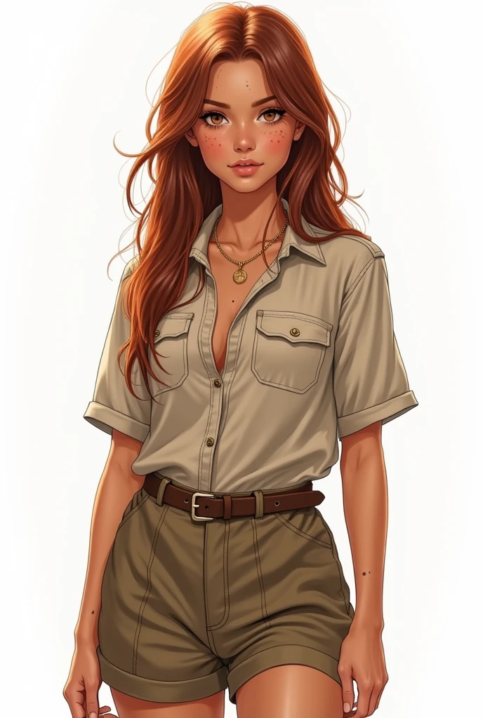Create a hyper-realistic illustration of a young woman, skin tanned, marked dashes, eyes browns, and long hair, well combed back and coppery brown color, fully body, safari outfit, white background