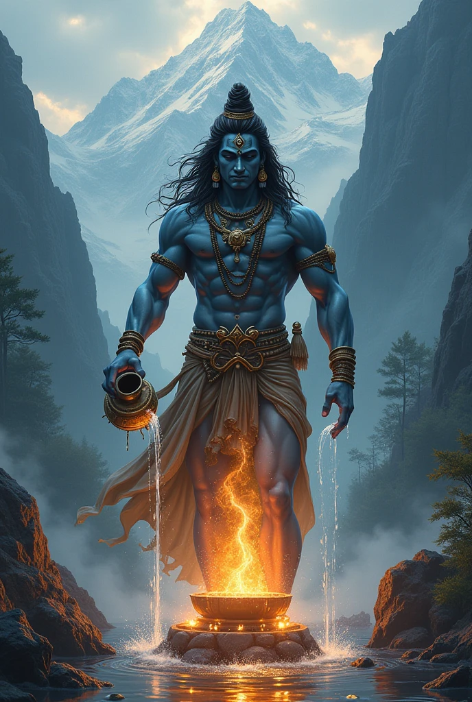 Generate an image of beautiful and muscular lord Siva pouring water from his kamandal on the sivling with love and the background of mountain and dark forest with lots of cosmic energy